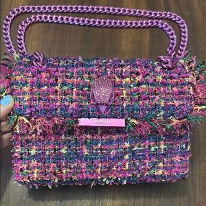 Vibrant Multi-Colored Shoulder Bag with Tweed Fabric and Chunky Chain Strap